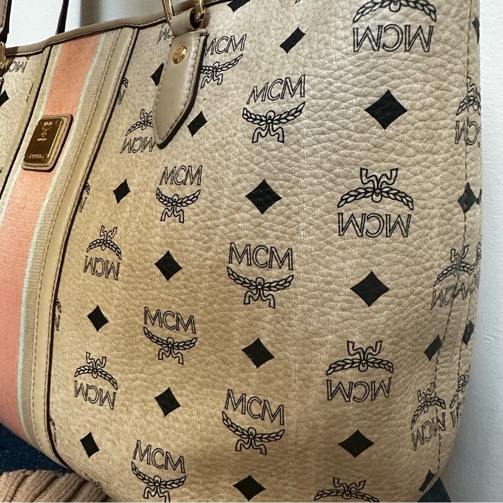 MCM Visetos Authentic Striped Tote Shoulder Bag | Beige Tan Pink| MED LG /DAMAGE - Picture 5 of 17